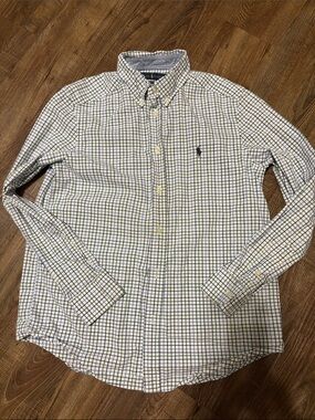 Boy’s Ralph Lauren White Button-Up Shirt with Blue and Green Windowpane Check